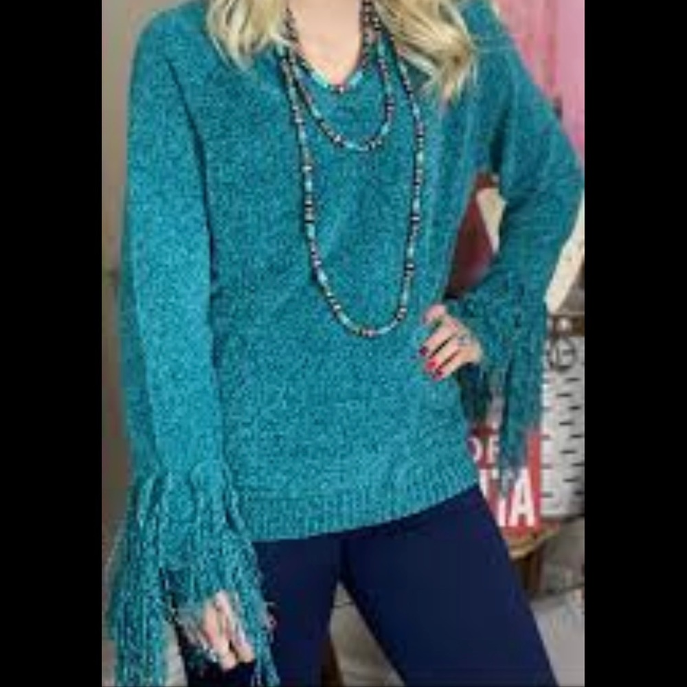 Lucky and Blessed Turquoise Sweater with Fringed Sleeves 3XL